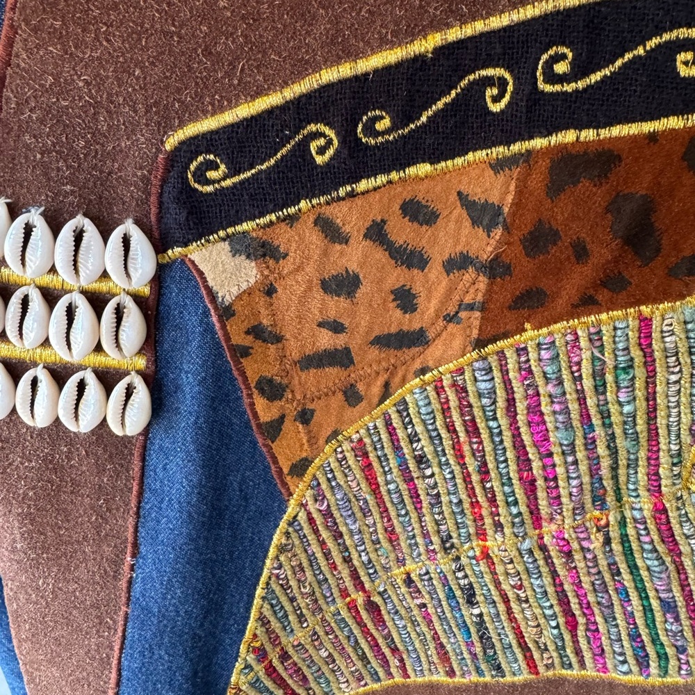 Vtg 90s Molato Jacket XL Denim Long Duster Abstract African Tribal Art Cowrie 2X - Picture 7 of 11